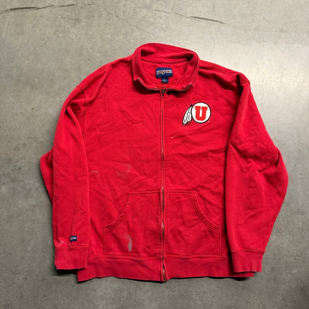 Jansport University of Utah Utes Full Zip Sweatshirt Red Mens XL Distressed